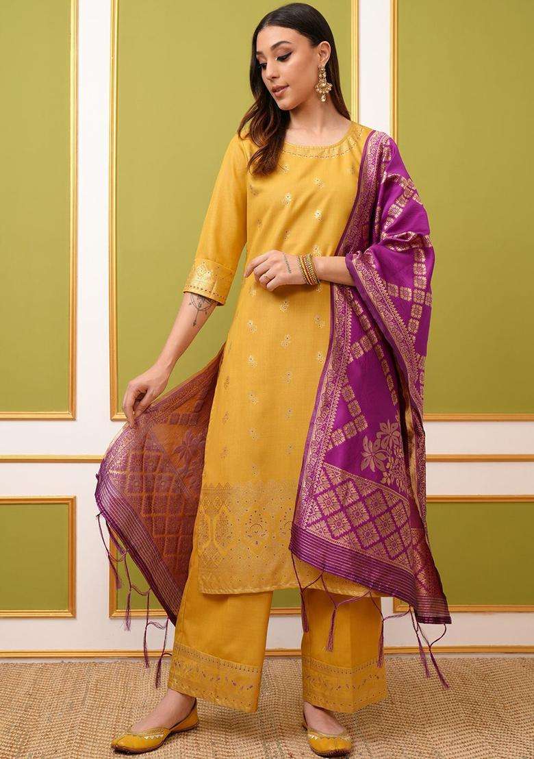 Yellow Printed Polyester Kurta Set - Indya