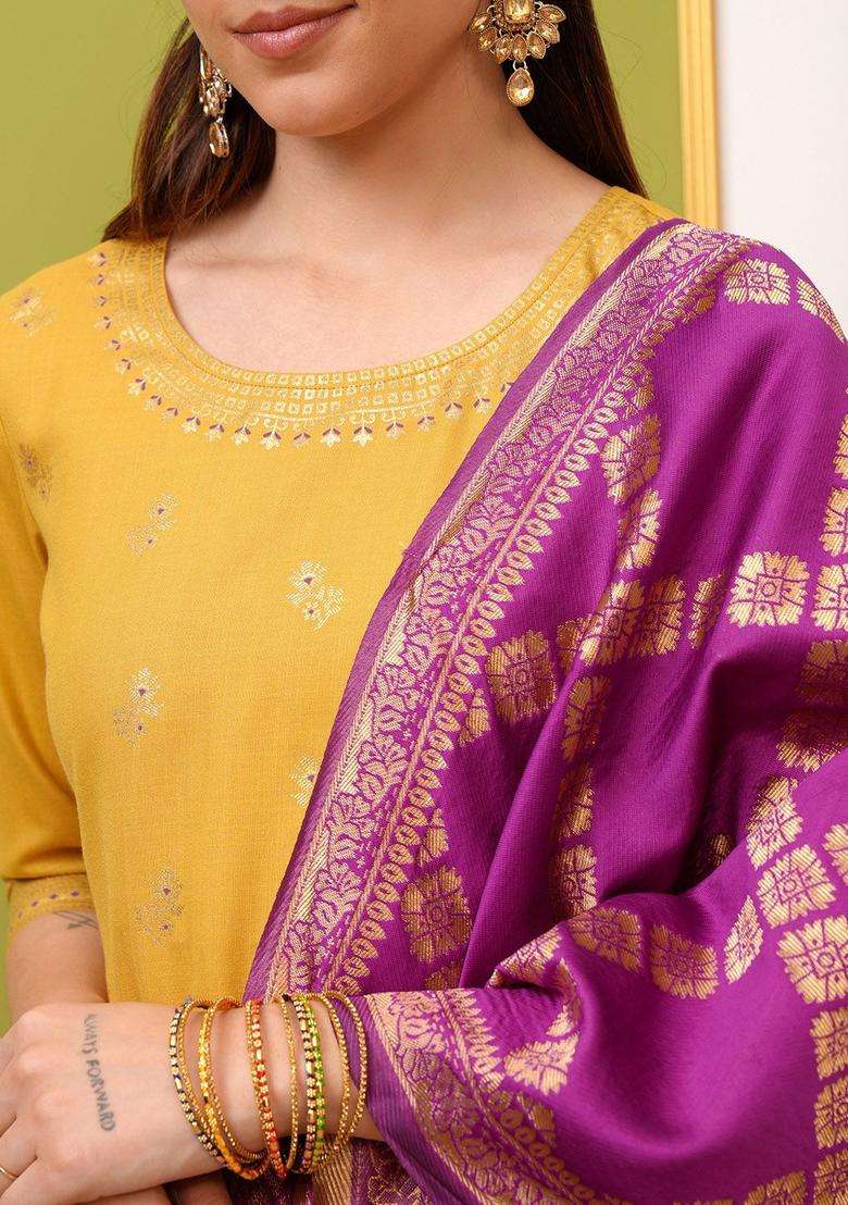Yellow Printed Polyester Kurta Set - Indya