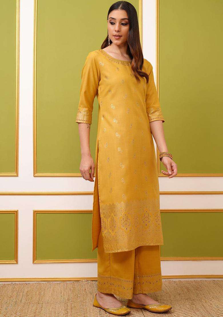 Yellow Printed Polyester Kurta Set - Indya