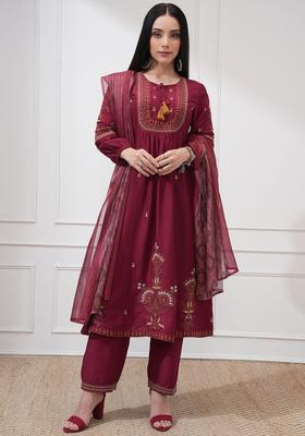 Maroon Embroidered Polyester Anarkali Set