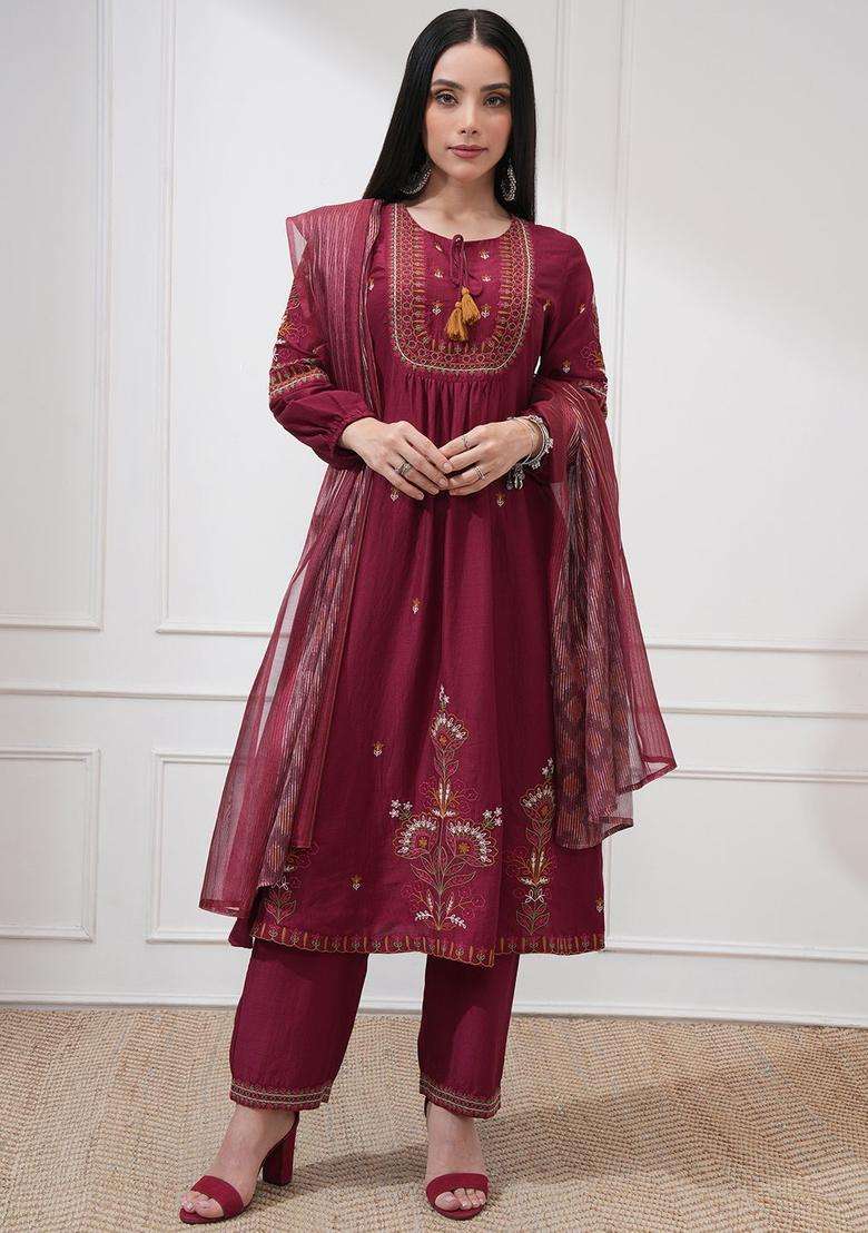 Maroon Embroidered Polyester Anarkali Set - Indya