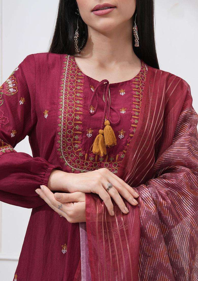 Maroon Embroidered Polyester Anarkali Set - Indya