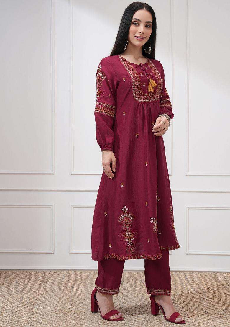 Maroon Embroidered Polyester Anarkali Set - Indya