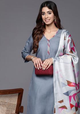 Grey Solid Cotton Kurta Set