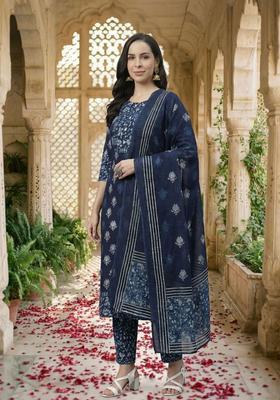 Navy Blue Printed Cotton Kurta Set