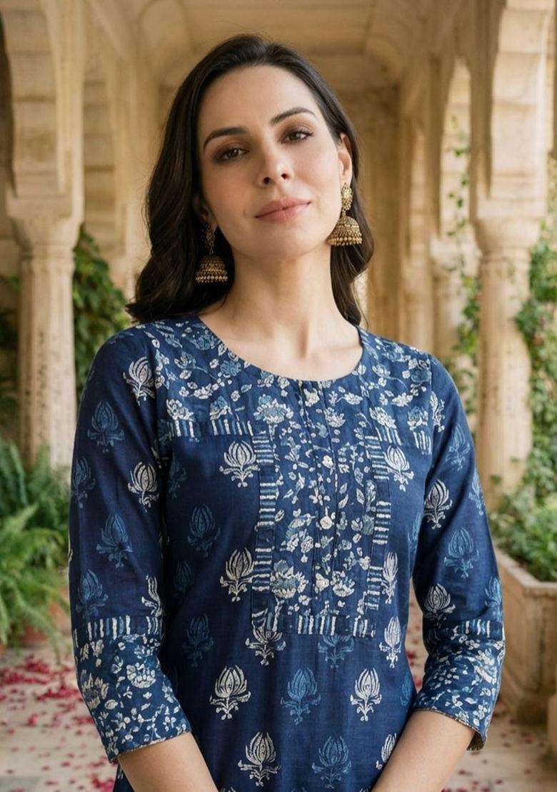 Navy Blue Printed Cotton Kurta Set - Indya