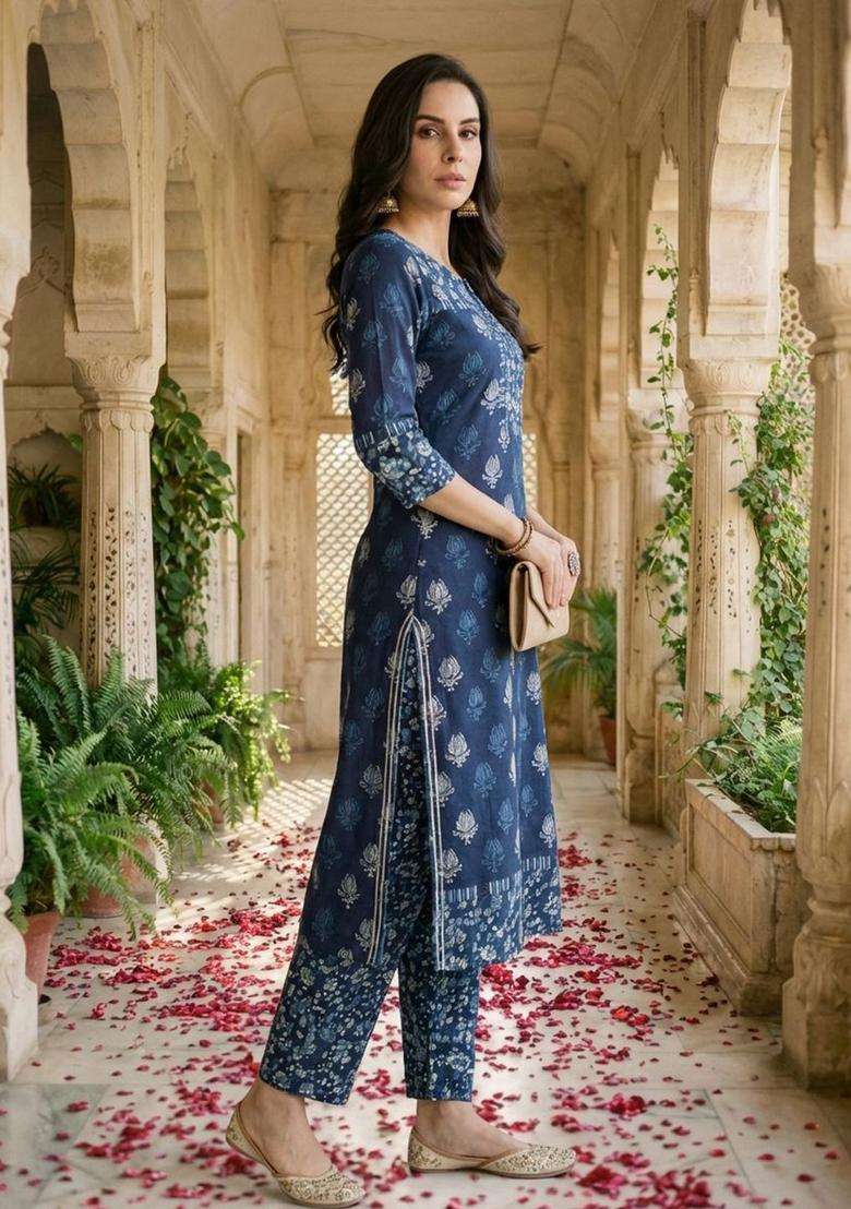 Navy Blue Printed Cotton Kurta Set - Indya