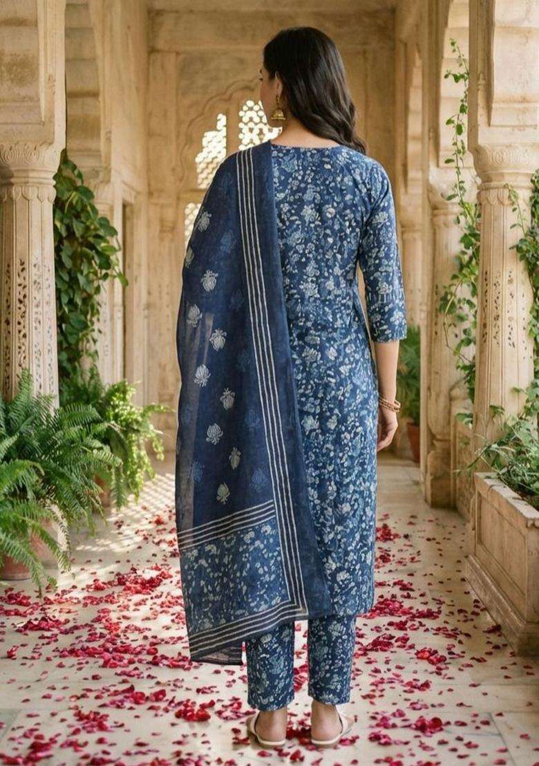 Navy Blue Printed Cotton Kurta Set - Indya