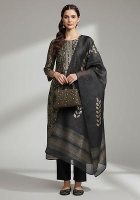 Black Woven Design Silk Blend Kurta Set