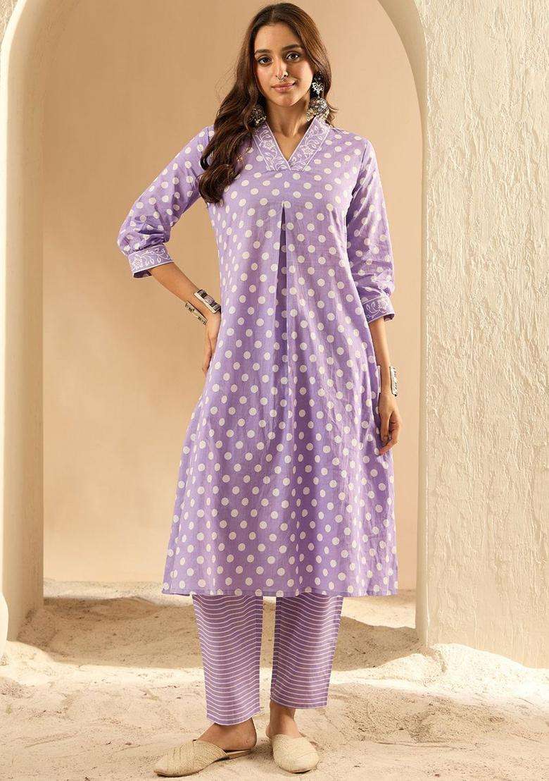 Lavender Printed Cotton Kurta Set - Indya