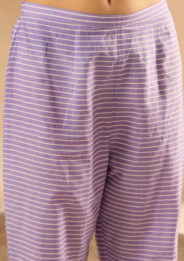 Lavender Printed Cotton Kurta Set - Indya