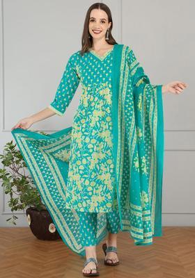 Sea Green Printed Cotton Kurta Set