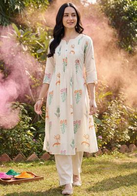 Off White Printed Cotton Anarkali Set