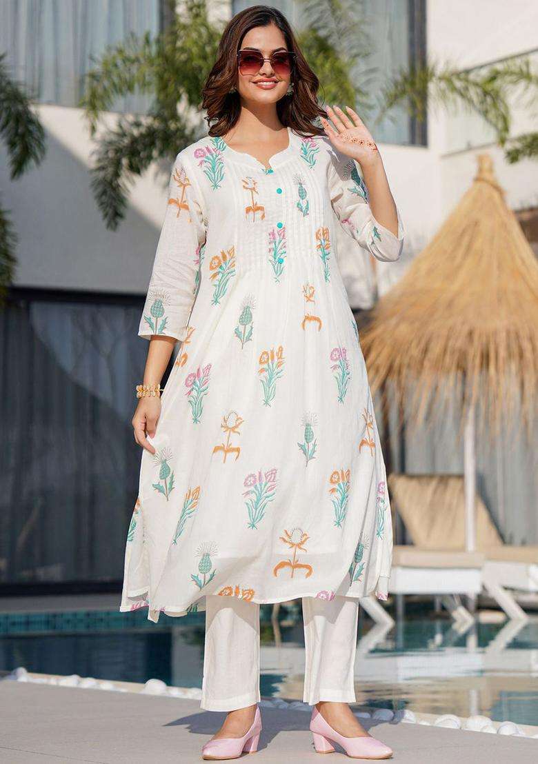 Off White Printed Cotton Anarkali Set - Indya