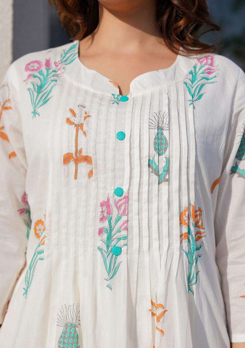 Off White Printed Cotton Anarkali Set - Indya