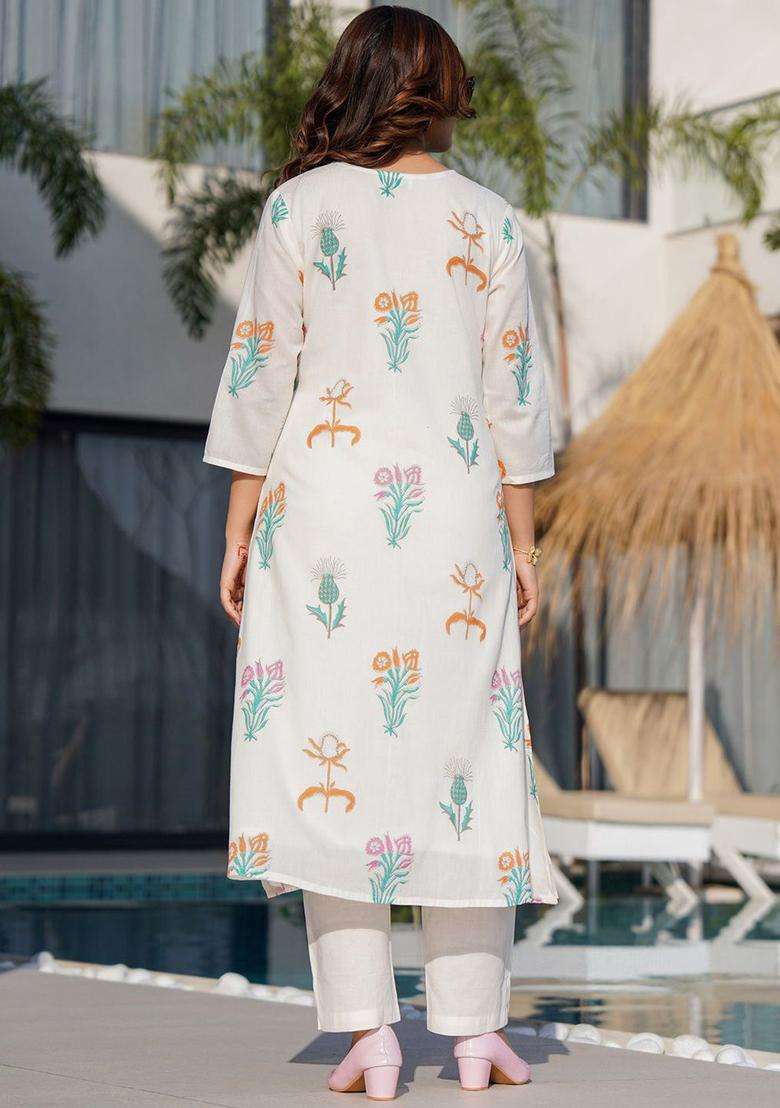 Off White Printed Cotton Anarkali Set - Indya