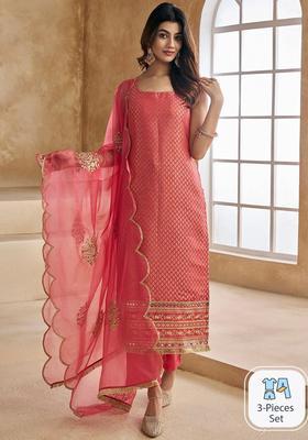 Peach Woven Design Silk Blend Kurta Set