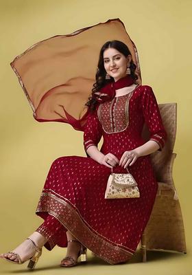 Maroon Embroidered Viscose Anarkali Set