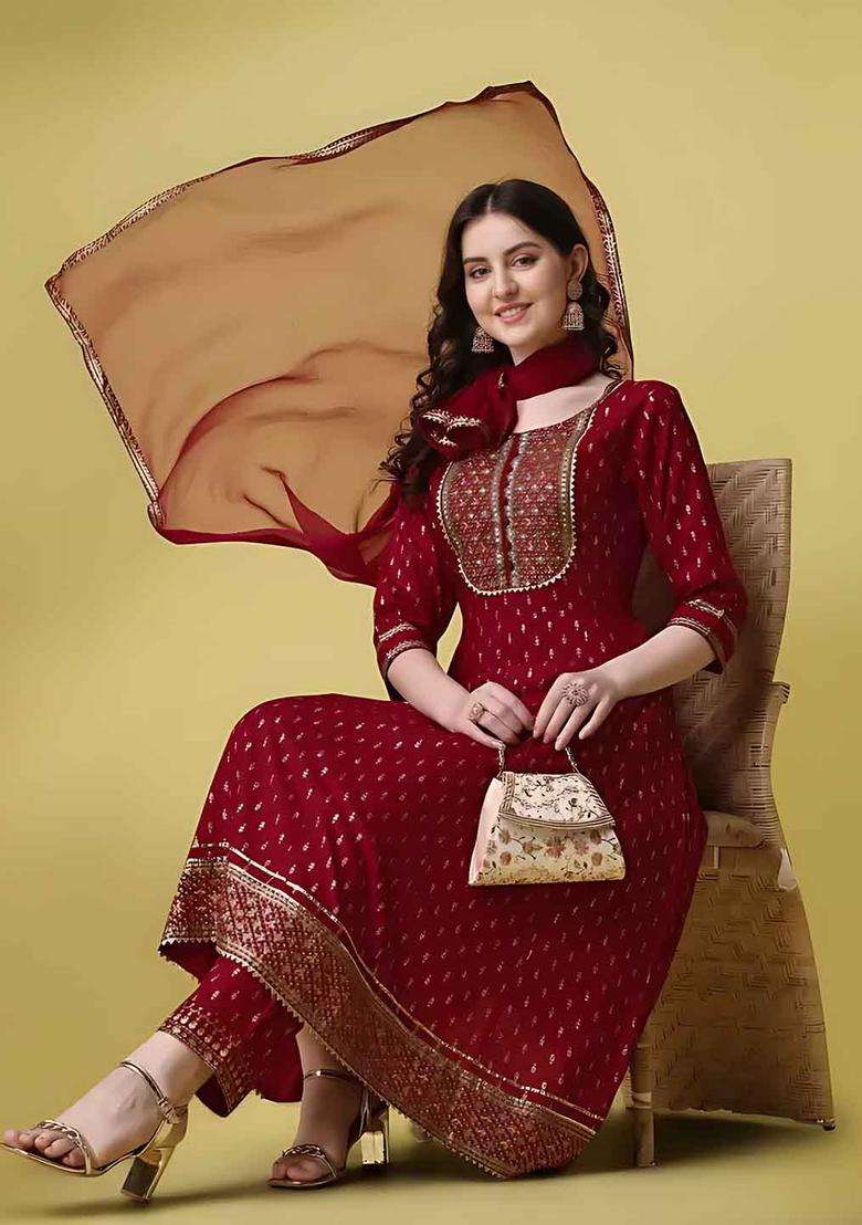 Maroon Embroidered Viscose Anarkali Set - Indya
