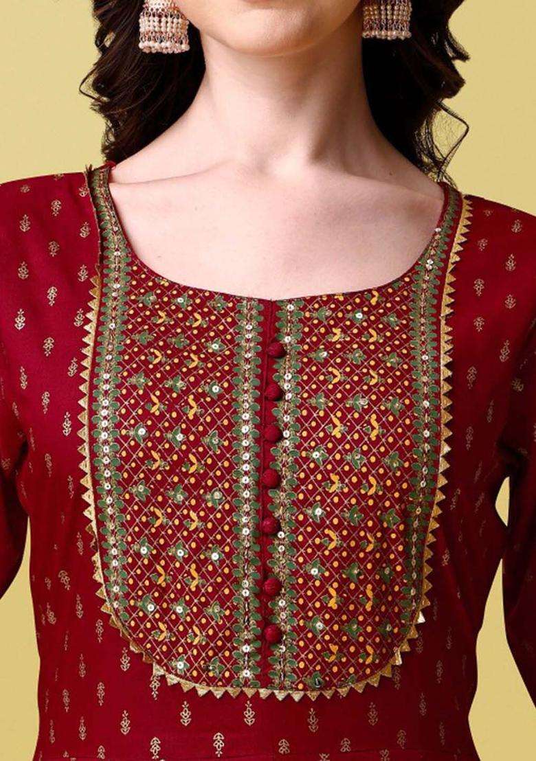 Maroon Embroidered Viscose Anarkali Set - Indya