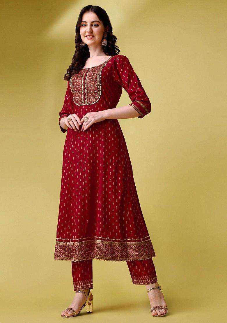 Maroon Embroidered Viscose Anarkali Set - Indya