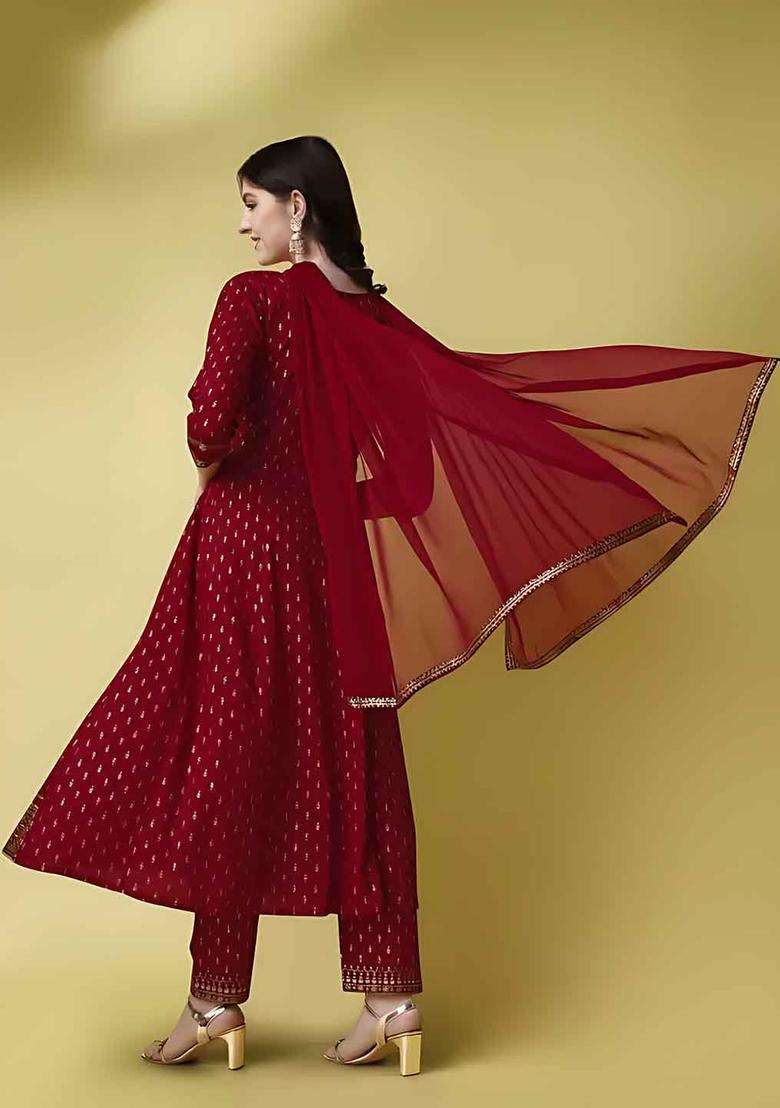 Maroon Embroidered Viscose Anarkali Set - Indya