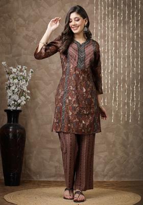 Rust Printed Cotton Kurta Set