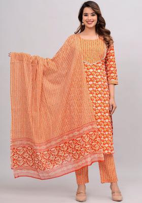 Orange Printed Cotton Kurta Set