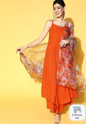 Orange Solid Viscose Kurta Set