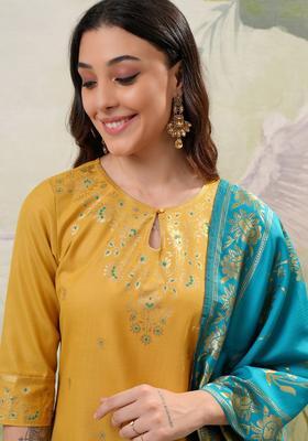 Yellow Printed Polyester Kurta Set