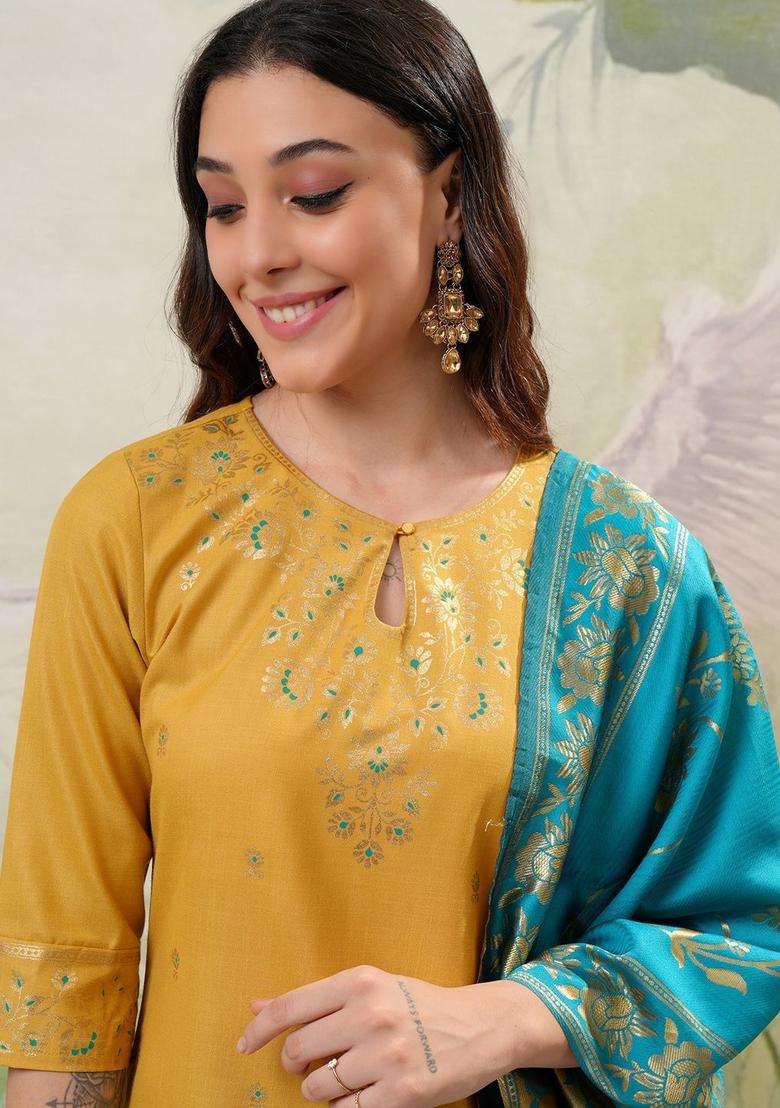 Yellow Printed Polyester Kurta Set - Indya