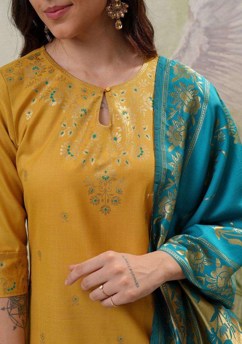 Yellow Printed Polyester Kurta Set - Indya