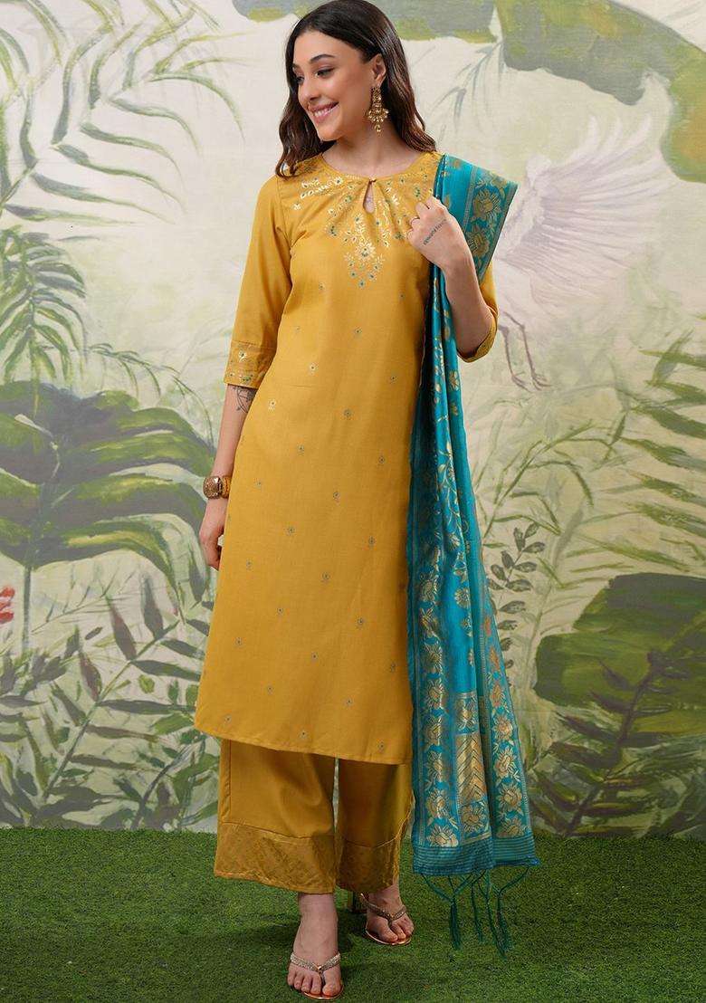 Yellow Printed Polyester Kurta Set - Indya