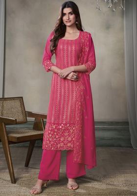 Red Embroidered Georgette Kurta Set
