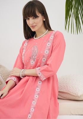 Peach Embroidered Cotton Kurta Set