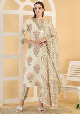 Beige Printed Cotton Kurta Set