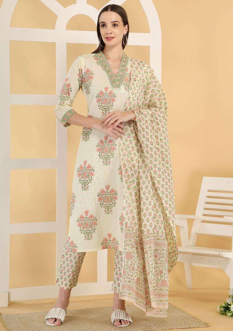 Beige Printed Cotton Kurta Set - Indya