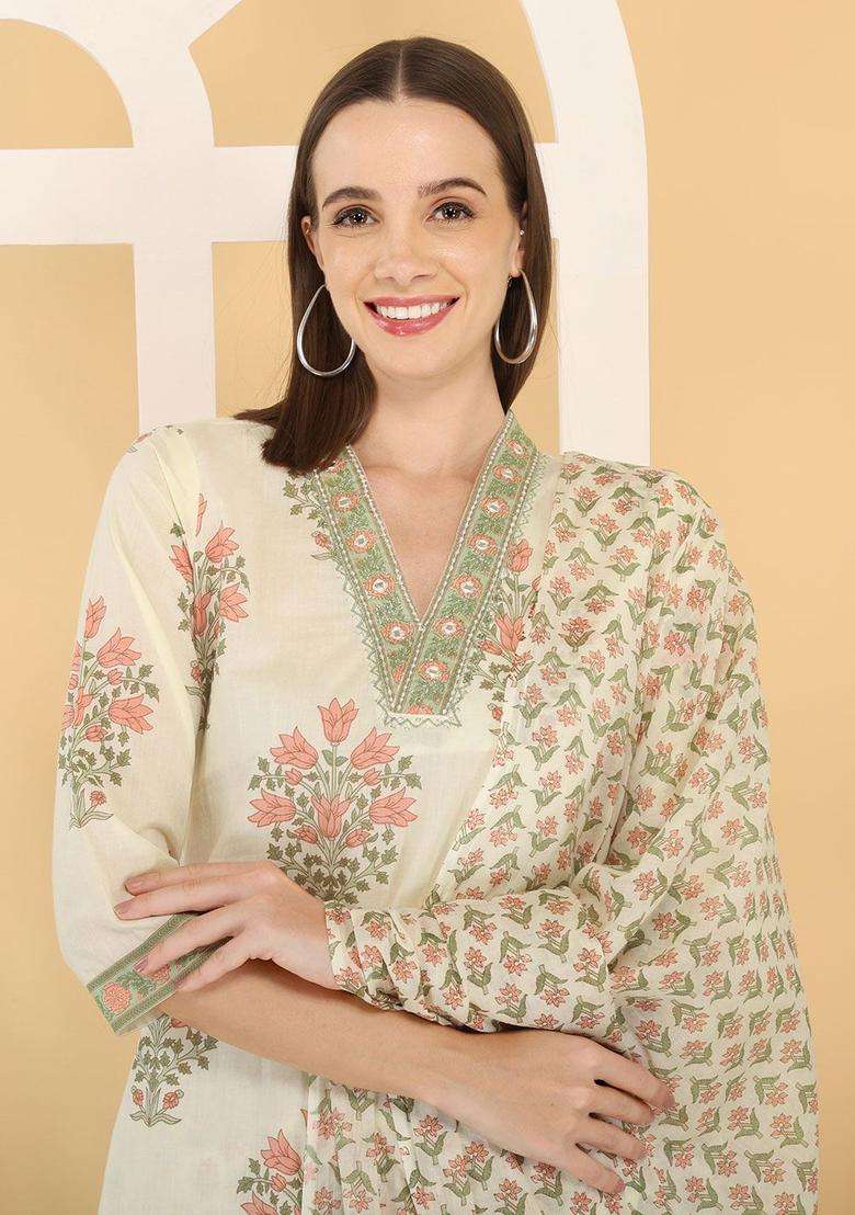 Beige Printed Cotton Kurta Set - Indya