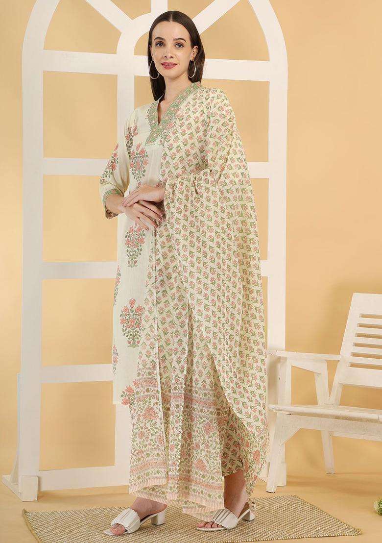 Beige Printed Cotton Kurta Set - Indya