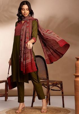 Olive Printed Cotton Kurta Set