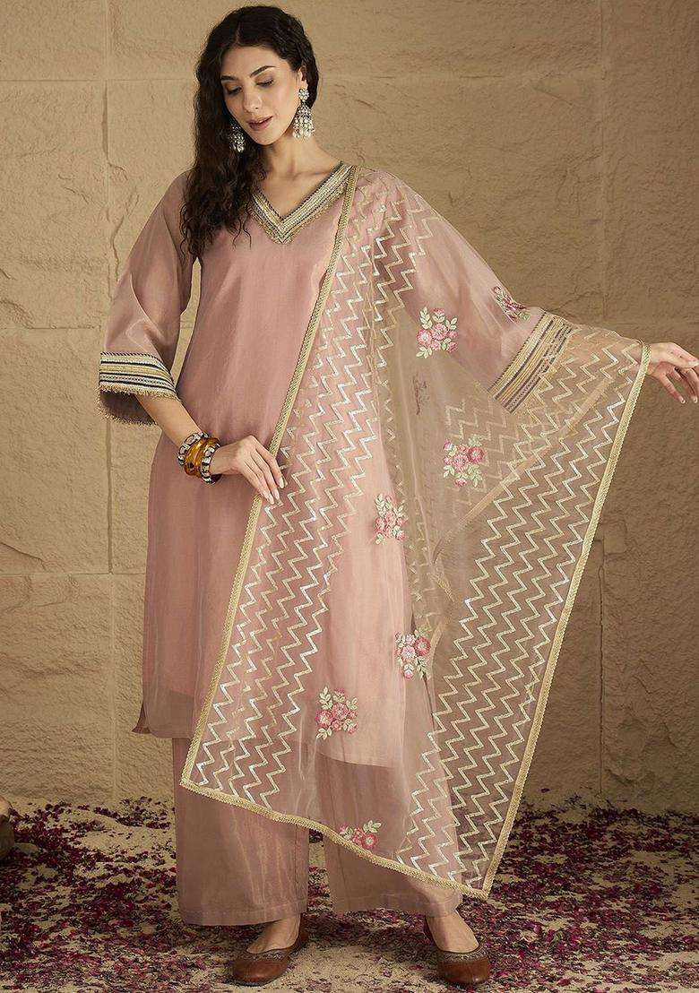 Pink Solid Silk Blend Kurta Set - Indya