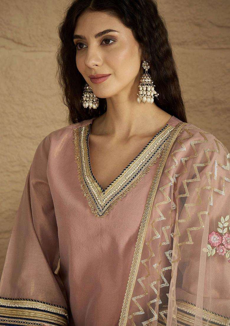 Pink Solid Silk Blend Kurta Set - Indya