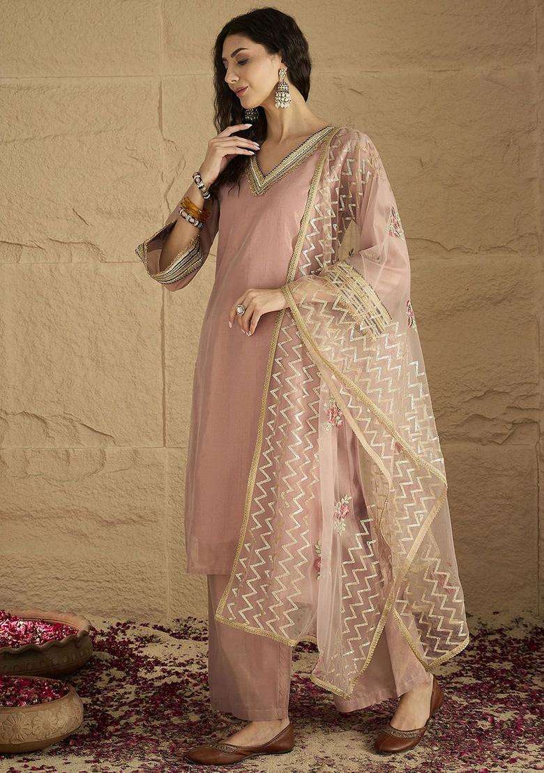 Pink Solid Silk Blend Kurta Set - Indya