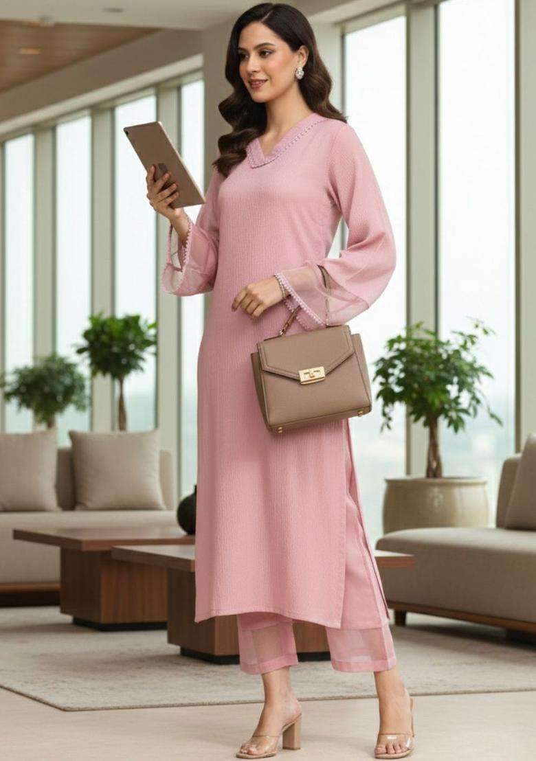 Pink Self Design Silk Blend Kurta Set - Indya