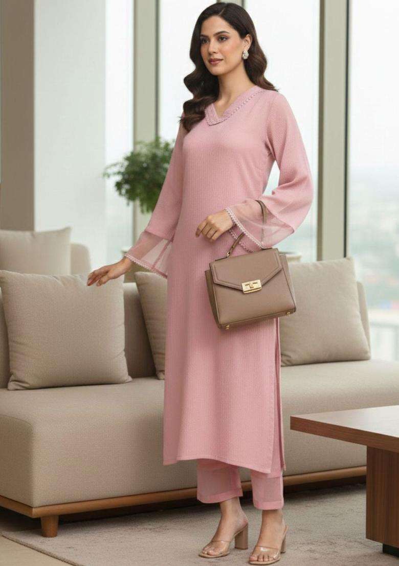 Pink Self Design Silk Blend Kurta Set - Indya