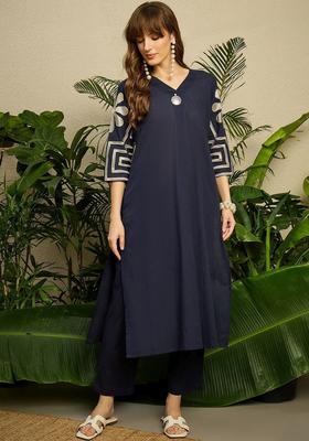 Navy Blue Embroidered Cotton Kurta Set