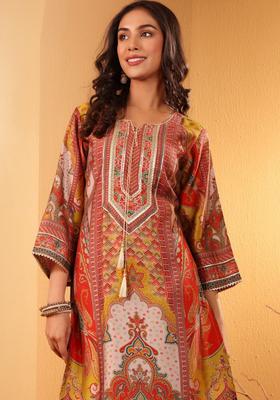 Beige Printed Silk Blend Kurta Set
