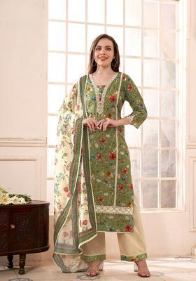 Green Printed Polyester Kurta Set