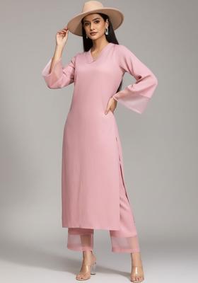Pink Solid Silk Kurta Set