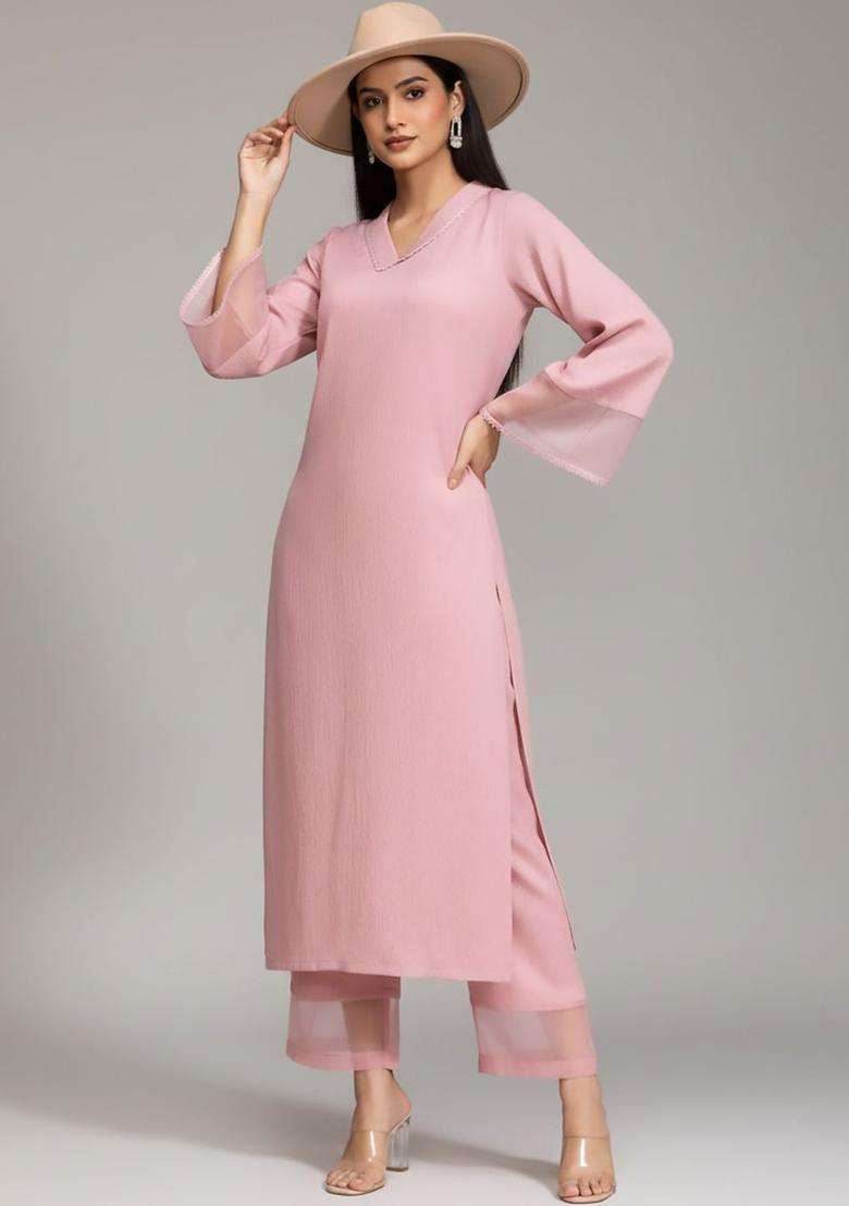 Pink Solid Silk Blend Kurta Set - Indya